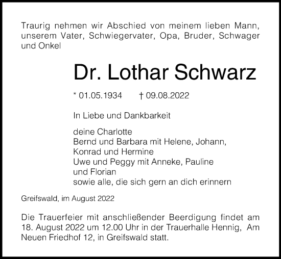 Traueranzeige von Lothar Schwarz von Ostsee-Zeitung GmbH