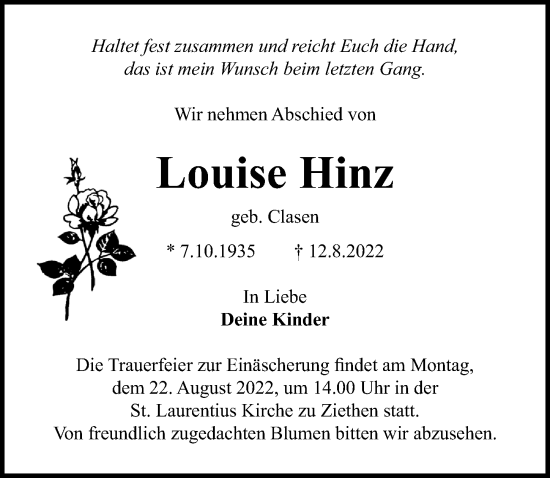 Traueranzeige von Louise Hinz von Lübecker Nachrichten