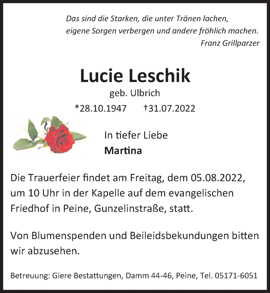  Traueranzeige für Lucie Leschik vom 03.08.2022 aus Peiner Allgemeine Zeitung
