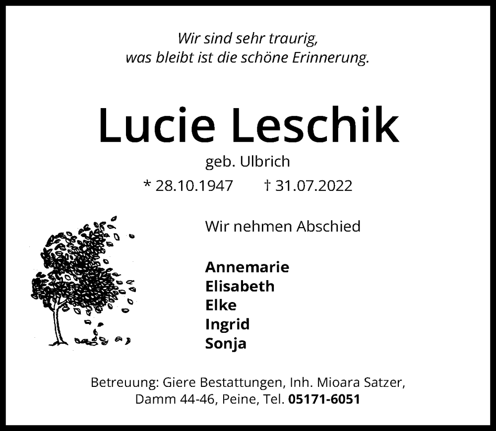  Traueranzeige für Lucie Leschik vom 06.08.2022 aus Peiner Allgemeine Zeitung