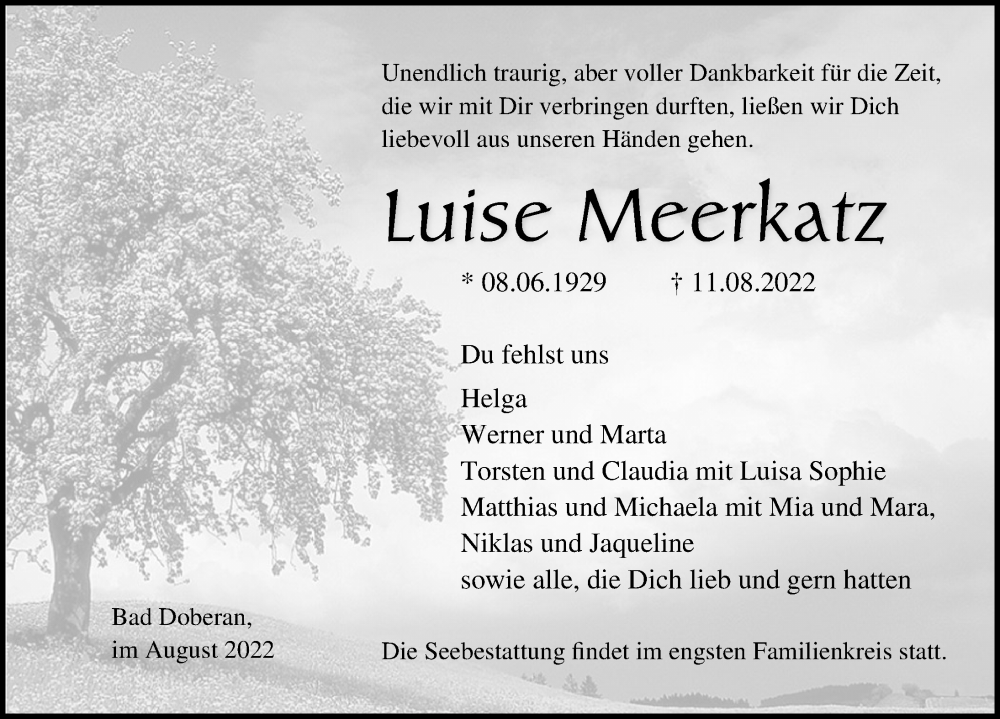  Traueranzeige für Luise Meerkatz vom 20.08.2022 aus Ostsee-Zeitung GmbH
