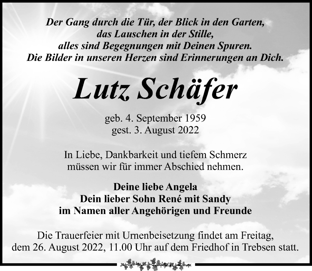  Traueranzeige für Lutz Schäfer vom 13.08.2022 aus Leipziger Volkszeitung