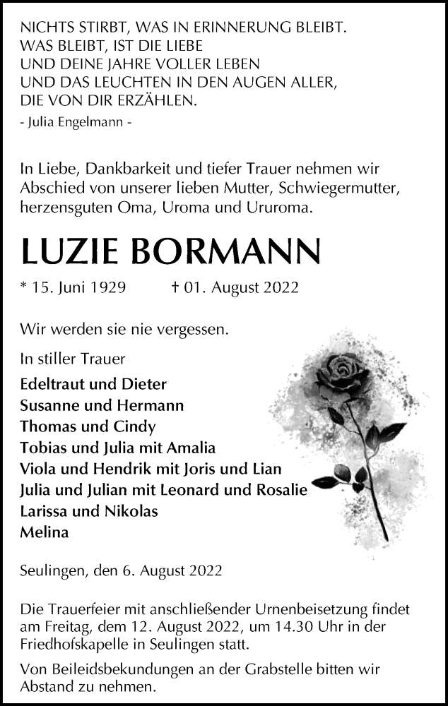  Traueranzeige für Luzie Bormann vom 06.08.2022 aus Göttinger Tageblatt