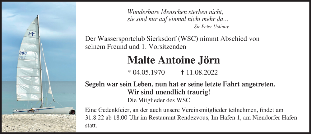  Traueranzeige für Malte Antoine Jörn vom 21.08.2022 aus Lübecker Nachrichten