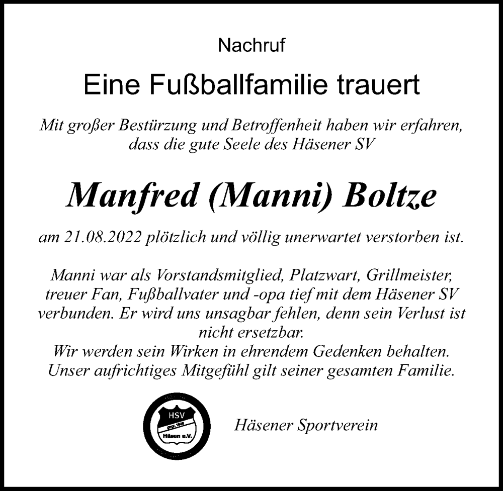  Traueranzeige für Manfred Boltze vom 30.08.2022 aus Märkischen Allgemeine Zeitung