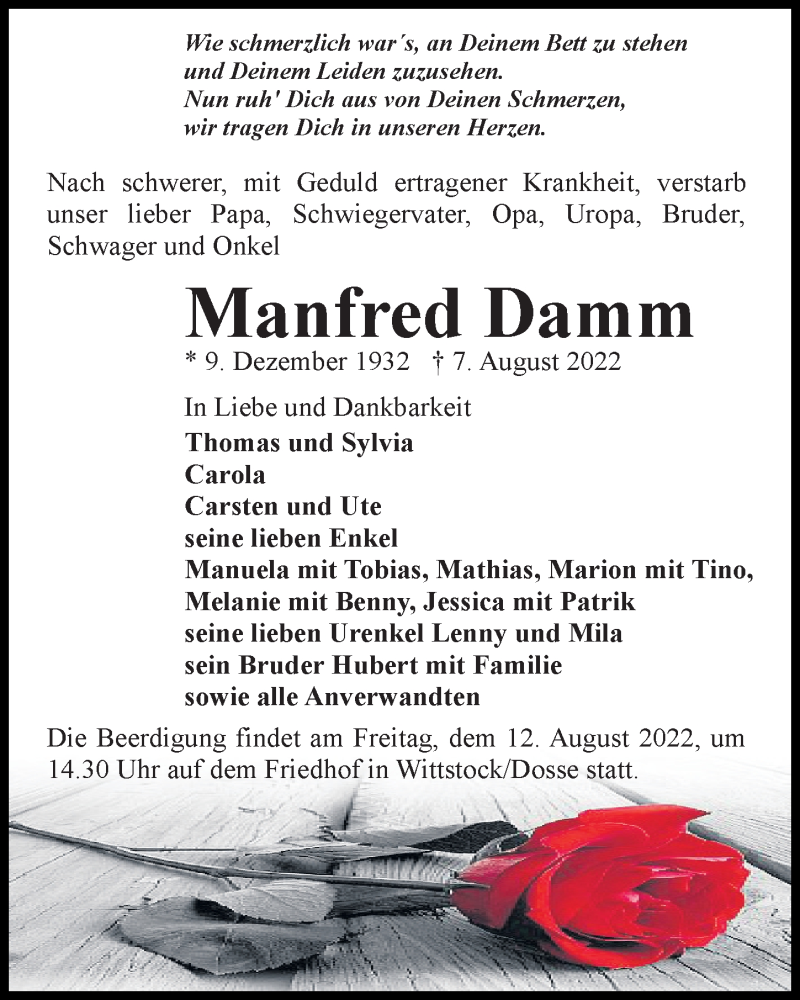  Traueranzeige für Manfred Damm vom 10.08.2022 aus Märkischen Allgemeine Zeitung