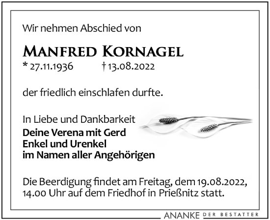 Traueranzeige von Manfred Kornagel von Leipziger Volkszeitung