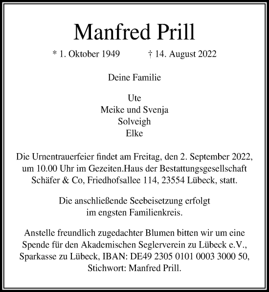 Traueranzeige von Manfred Prill von Lübecker Nachrichten