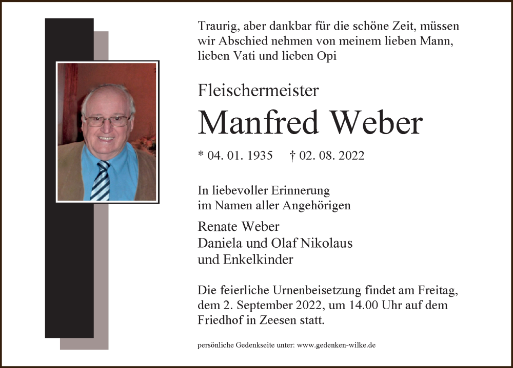  Traueranzeige für Manfred Weber vom 13.08.2022 aus Märkischen Allgemeine Zeitung