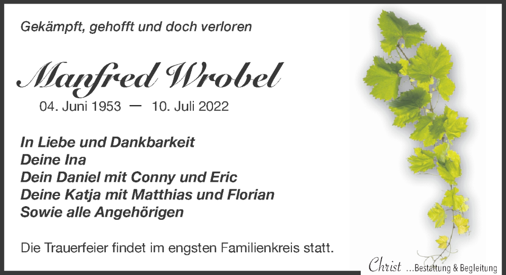  Traueranzeige für Manfred Wrobel vom 23.07.2022 aus Leipziger Volkszeitung