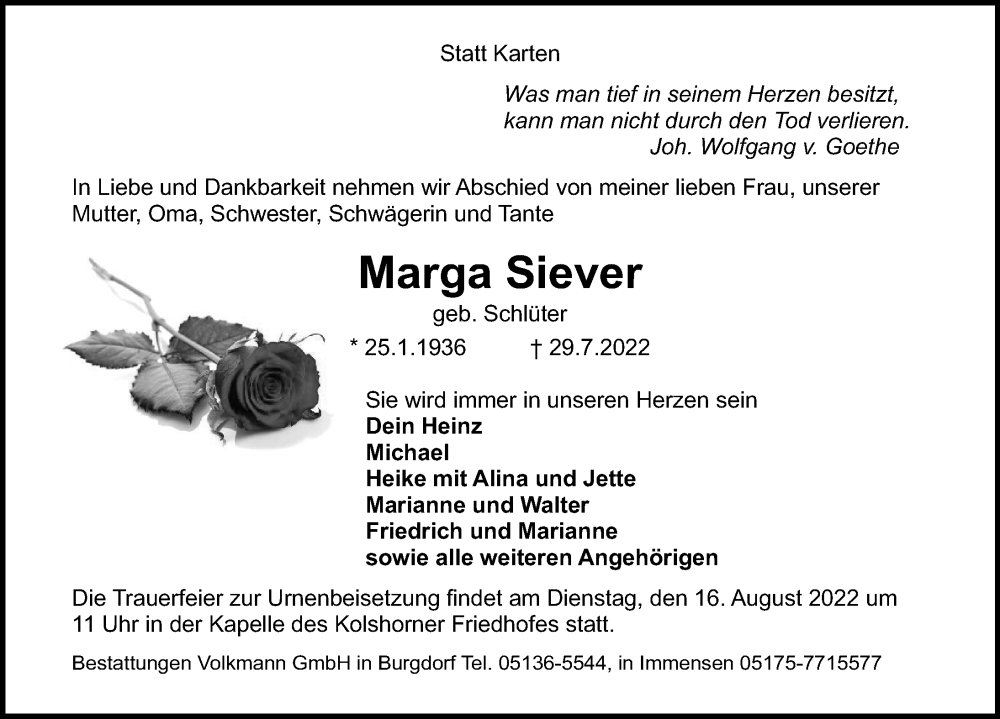  Traueranzeige für Marga Siever vom 13.08.2022 aus Hannoversche Allgemeine Zeitung/Neue Presse