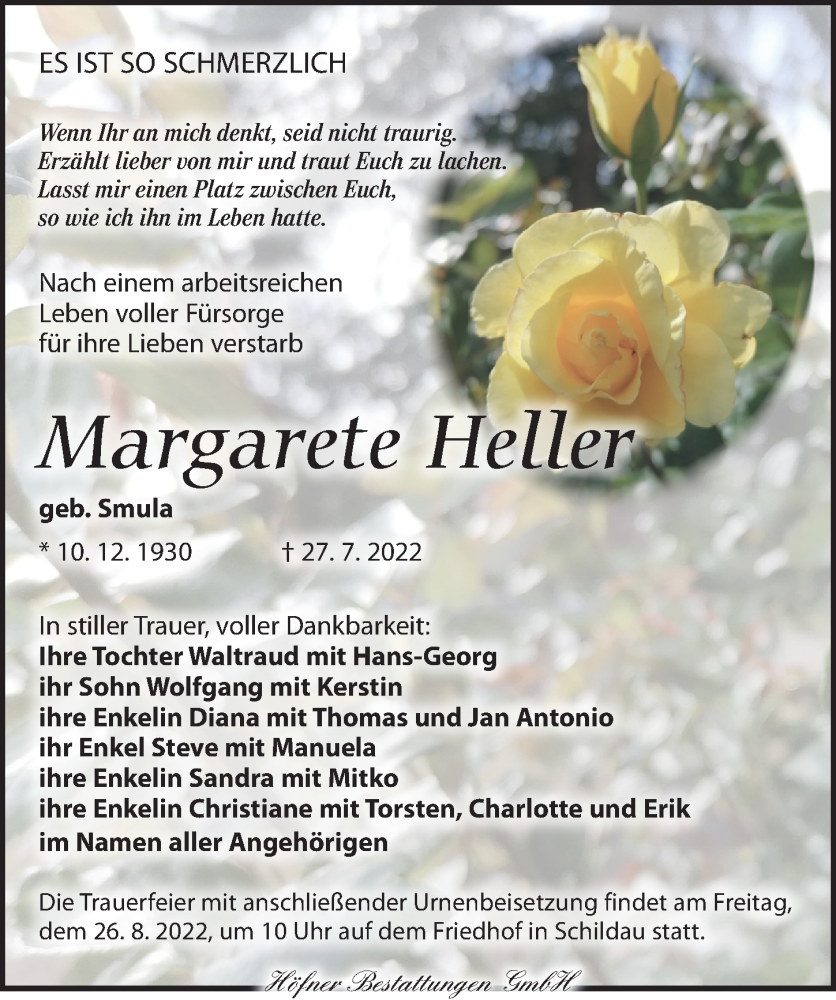  Traueranzeige für Margarete Heller vom 06.08.2022 aus Torgauer Zeitung