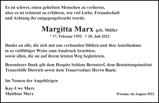 Traueranzeige von Margitta Marx von Ostsee-Zeitung GmbH