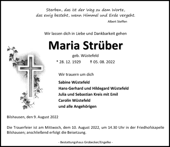 Traueranzeige von Maria Strüber von Eichsfelder Tageblatt
