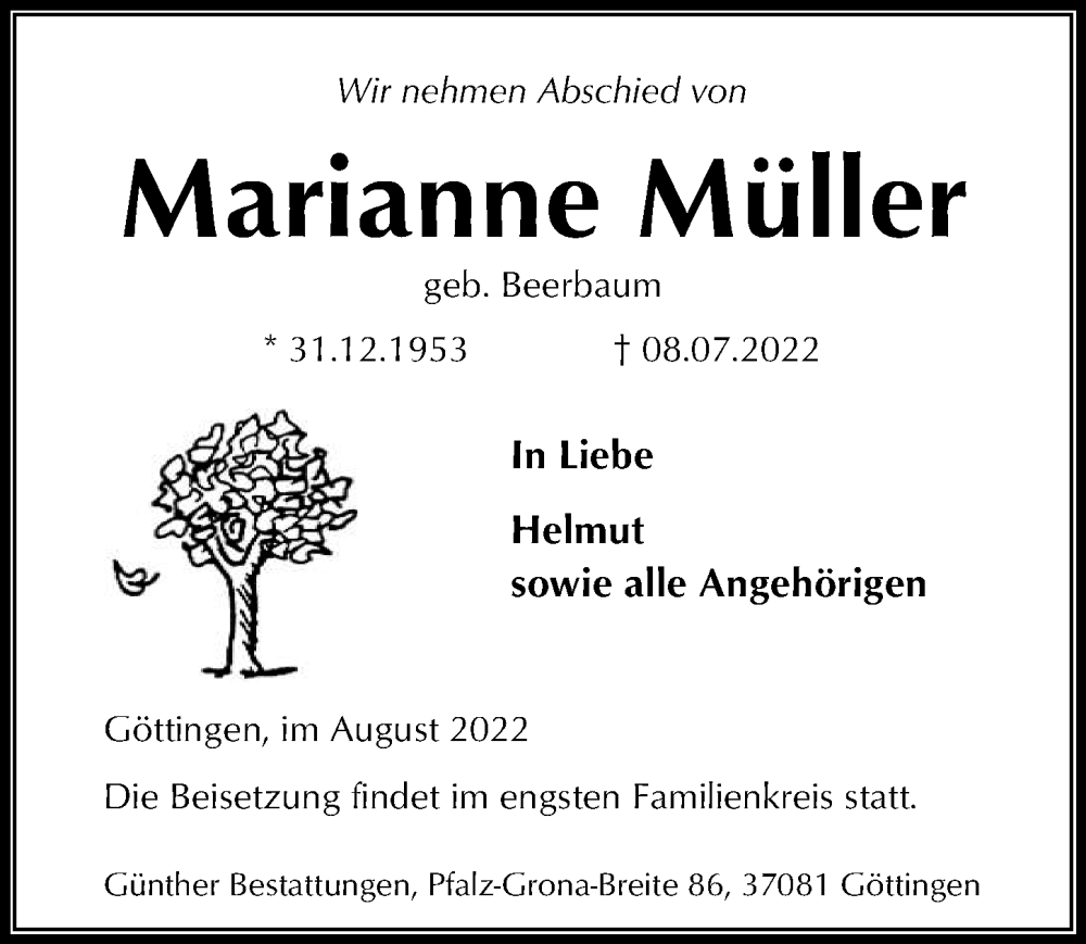  Traueranzeige für Marianne Müller vom 06.08.2022 aus Göttinger Tageblatt