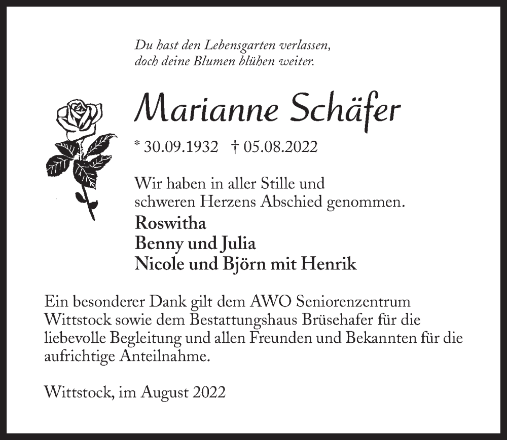  Traueranzeige für Marianne Schäfer vom 27.08.2022 aus Märkischen Allgemeine Zeitung
