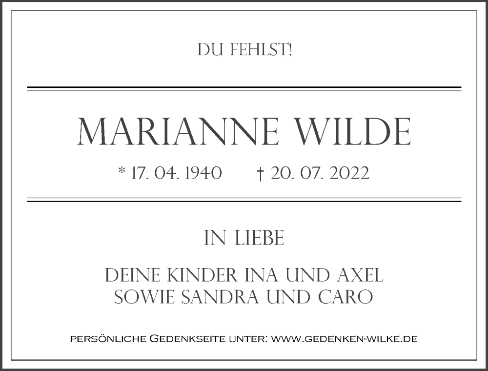  Traueranzeige für Marianne Wilde vom 06.08.2022 aus Märkischen Allgemeine Zeitung