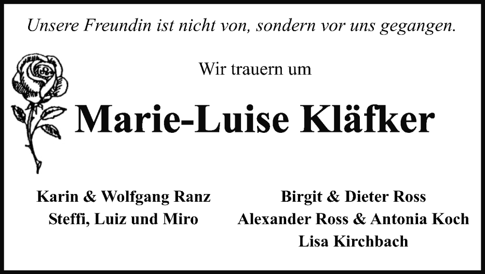  Traueranzeige für Marie-Luise Kläfker vom 06.08.2022 aus Hannoversche Allgemeine Zeitung/Neue Presse