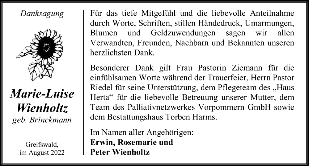  Traueranzeige für Marie-Luise Wienholtz vom 13.08.2022 aus Ostsee-Zeitung GmbH