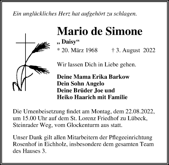 Traueranzeige von Mario de Simone von Lübecker Nachrichten