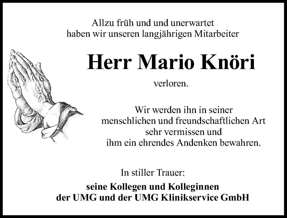  Traueranzeige für Mario Knöri vom 13.08.2022 aus Göttinger Tageblatt