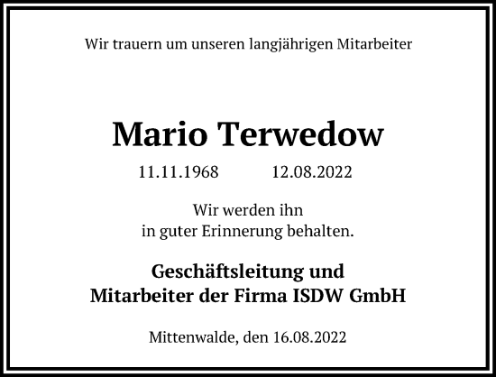 Traueranzeige von Mario Terwedow von Märkischen Allgemeine Zeitung