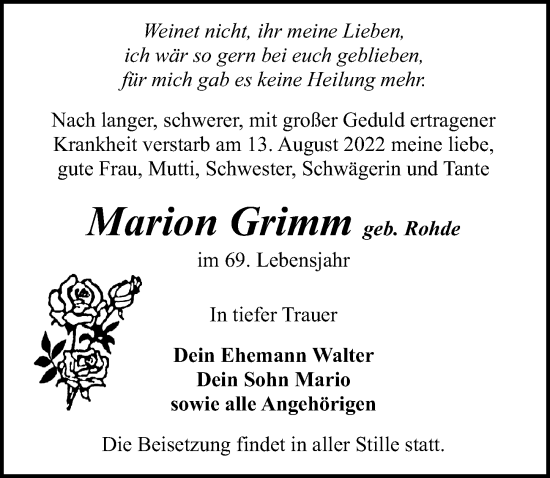 Traueranzeige von Marion Grimm von Ostsee-Zeitung GmbH