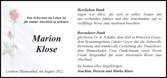 Traueranzeige von Marion Klose von Märkischen Allgemeine Zeitung