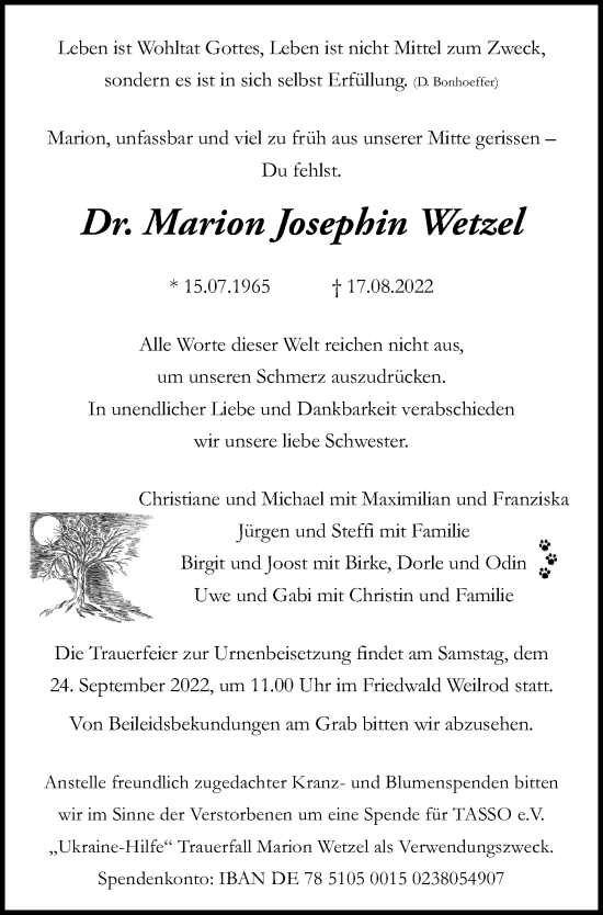 Traueranzeige von Marion Josephin Wetzel von Kieler Nachrichten