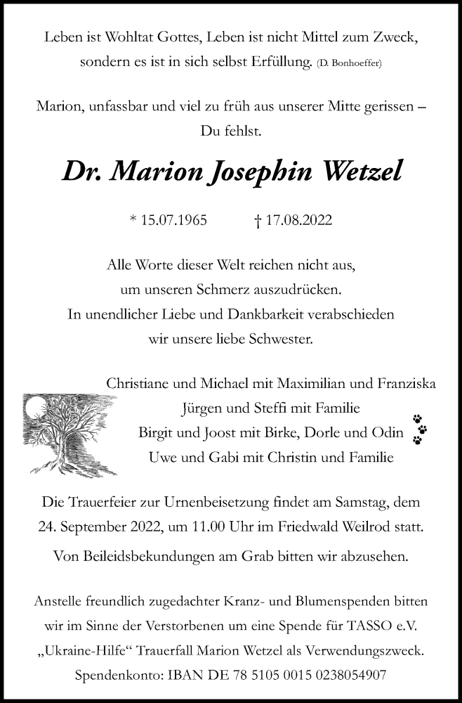  Traueranzeige für Marion Josephin Wetzel vom 27.08.2022 aus Kieler Nachrichten
