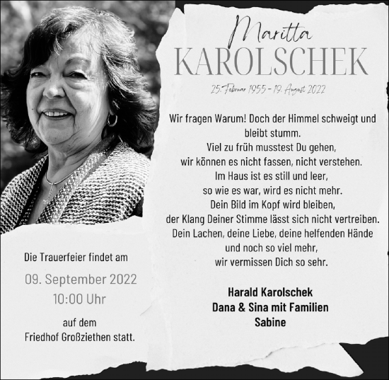 Traueranzeige von Maritta Karolschek von Märkischen Allgemeine Zeitung