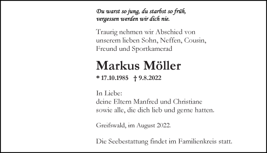 Traueranzeige von Markus Möller von Ostsee-Zeitung GmbH