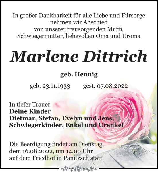 Traueranzeige von Marlene Dittrich von Leipziger Volkszeitung