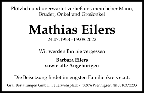 Traueranzeige von Mathias Eilers von Hannoversche Allgemeine Zeitung/Neue Presse