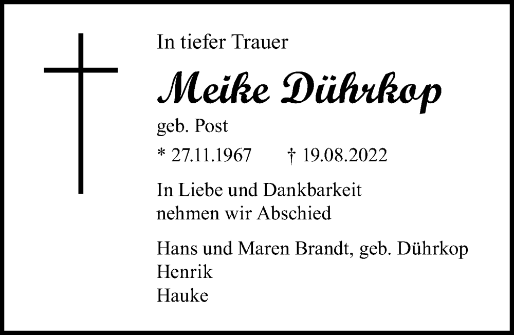  Traueranzeige für Meike Dührkop vom 24.08.2022 aus Lübecker Nachrichten