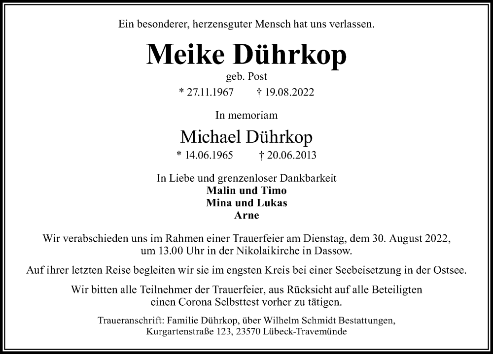  Traueranzeige für Meike Dührkop vom 24.08.2022 aus Ostsee-Zeitung GmbH