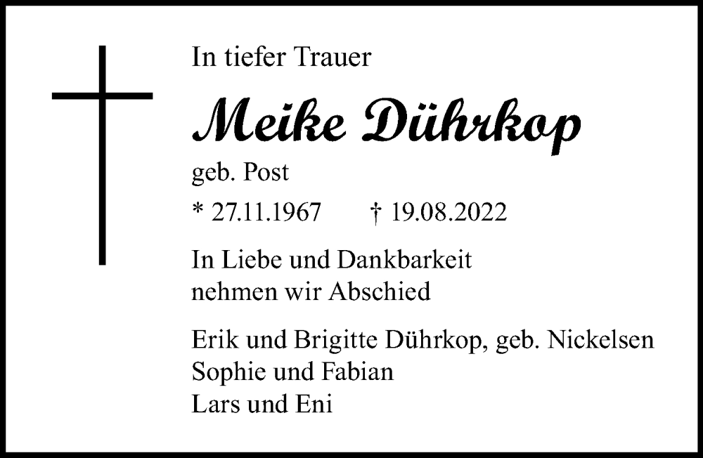  Traueranzeige für Meike Dührkop vom 24.08.2022 aus Lübecker Nachrichten