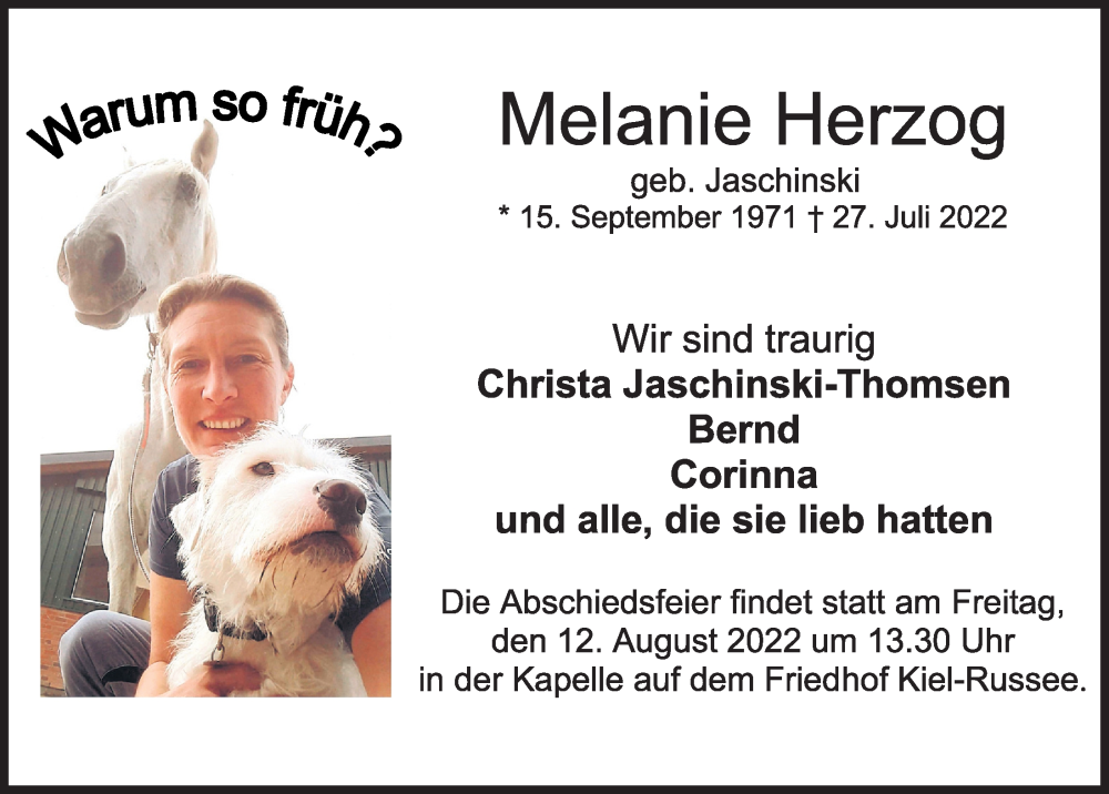  Traueranzeige für Melanie Herzog vom 06.08.2022 aus Kieler Nachrichten
