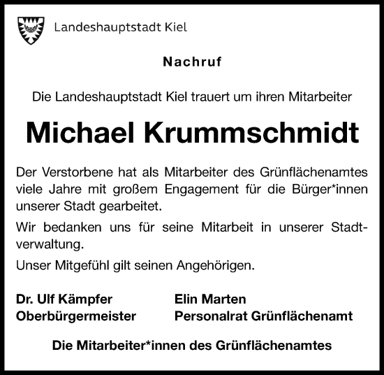 Traueranzeige von Michael Krummschmidt von Kieler Nachrichten