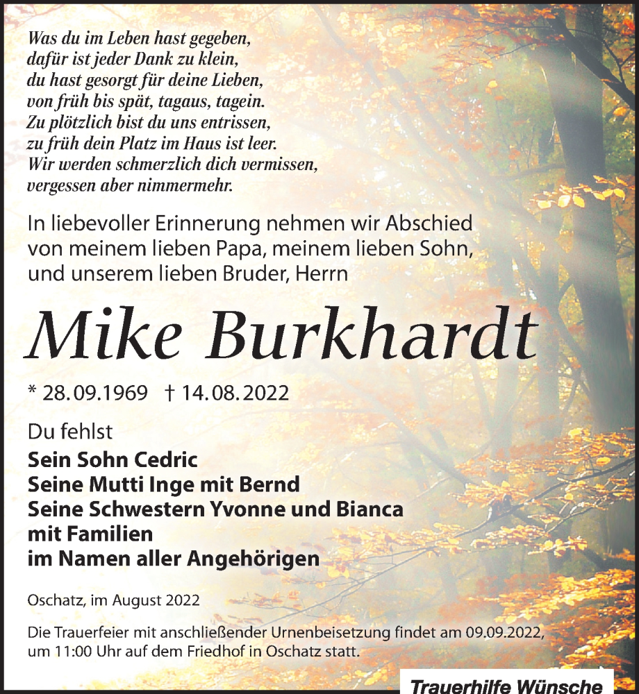  Traueranzeige für Mike Burkhardt vom 27.08.2022 aus Leipziger Volkszeitung