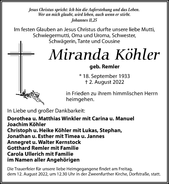 Traueranzeige von Miranda Köhler von Leipziger Volkszeitung