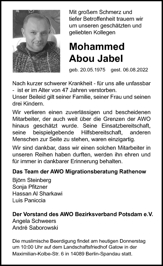 Traueranzeige von Mohammed Abou Jabel von Märkischen Allgemeine Zeitung
