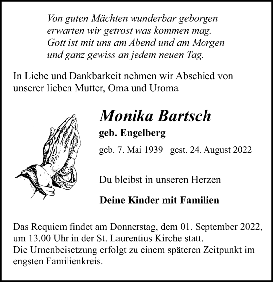Traueranzeige von Monika Bartsch von Ostsee-Zeitung GmbH
