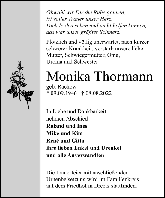 Traueranzeige von Monika Thormann von Märkischen Allgemeine Zeitung