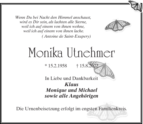 Traueranzeige von Monika Utnehmer von Märkischen Allgemeine Zeitung