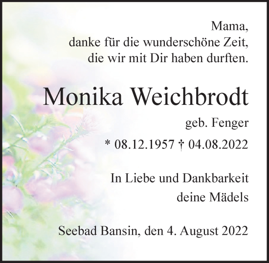 Traueranzeige von Monika Weichbrodt von Ostsee-Zeitung GmbH