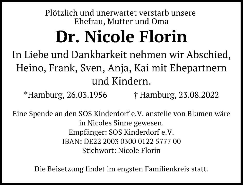  Traueranzeige für Nicole Florin vom 27.08.2022 aus Hannoversche Allgemeine Zeitung/Neue Presse