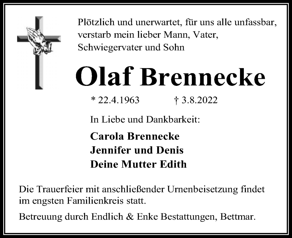  Traueranzeige für Olaf Brennecke vom 06.08.2022 aus Peiner Allgemeine Zeitung
