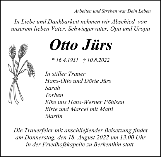 Traueranzeige von Otto Jürs von Lübecker Nachrichten