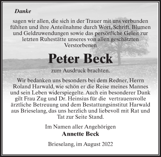 Traueranzeige von Peter Beck von Märkischen Allgemeine Zeitung